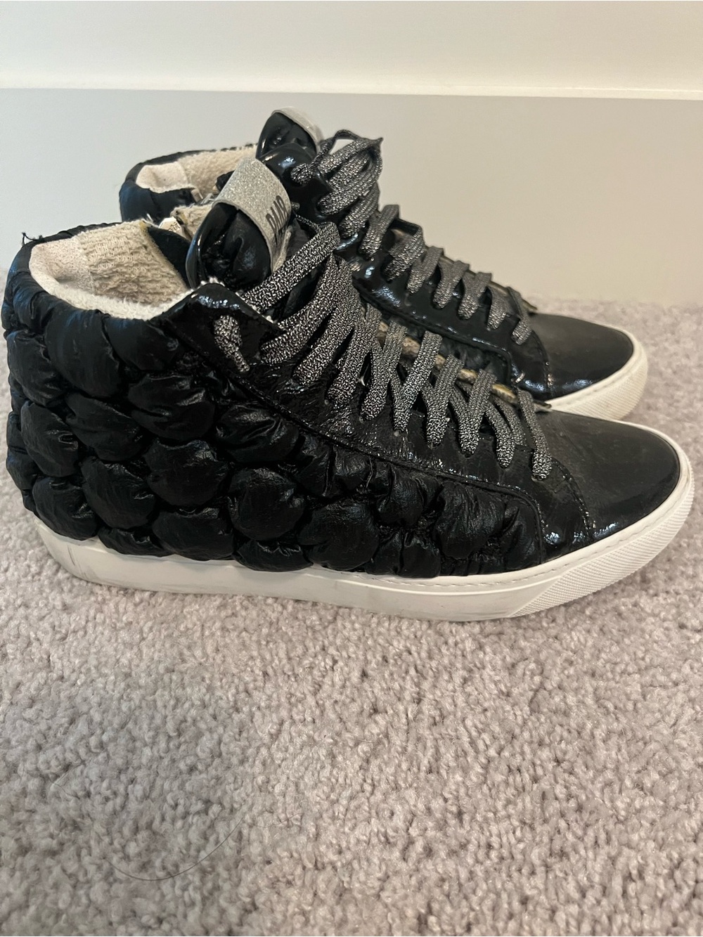 P448 Women's Black Quilted High-Top Sneakers with Silver Laces